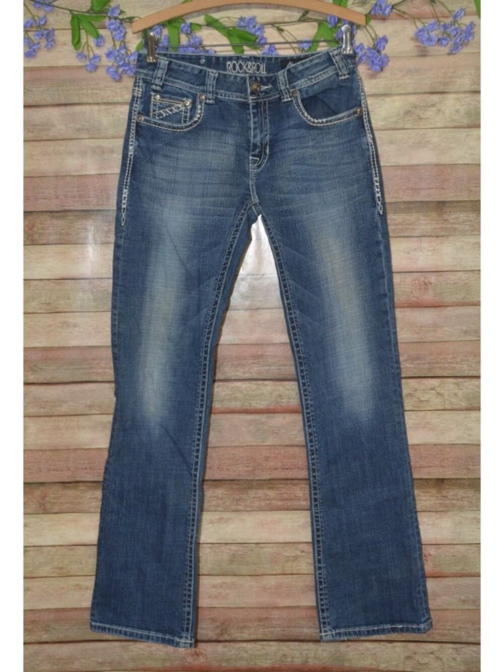 Rock Roll Cowgirl Bootcut Riding Western Jeans Womens 29x34 Embroidered Denim